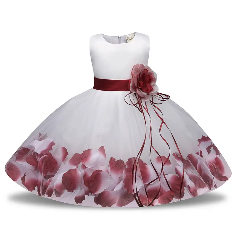 Red White Petal Tulle Kids Dress with Flower Accent - Image 7