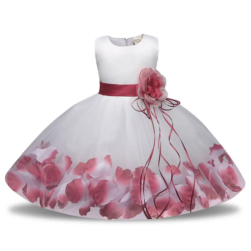 Red White Petal Tulle Kids Dress with Flower Accent - Image 12