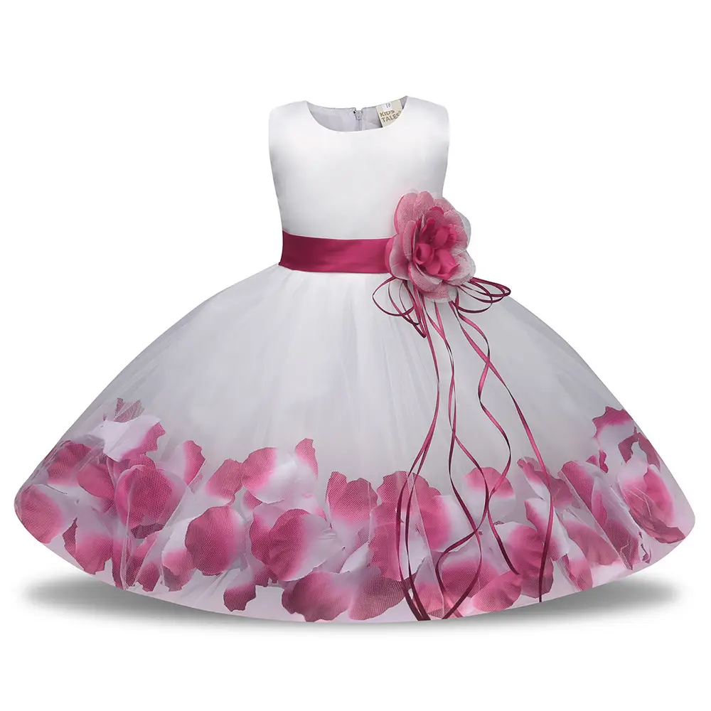 Red White Petal Tulle Kids Dress with Flower Accent - Image 3