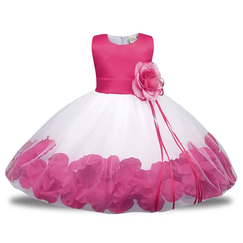 Red White Petal Tulle Kids Dress with Flower Accent - Image 4
