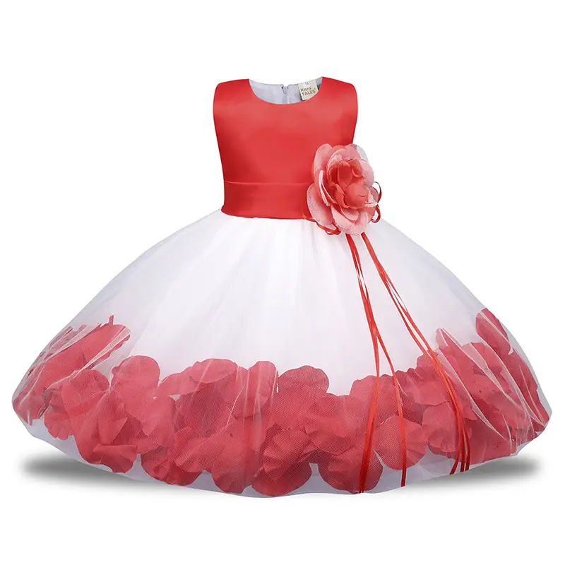 Red White Petal Tulle Kids Dress with Flower Accent - Image 8