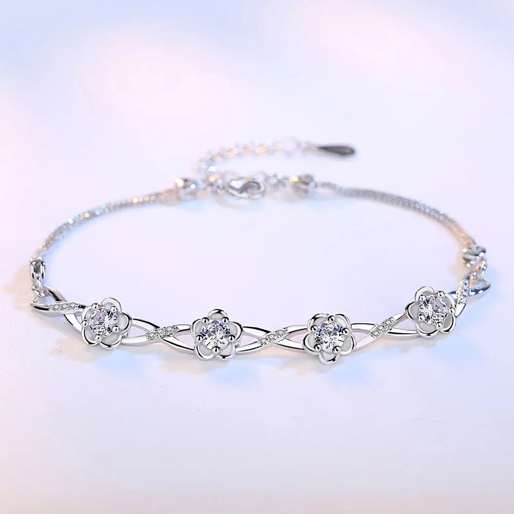Silver Bracelet with Peach Blossom Stones for Girls