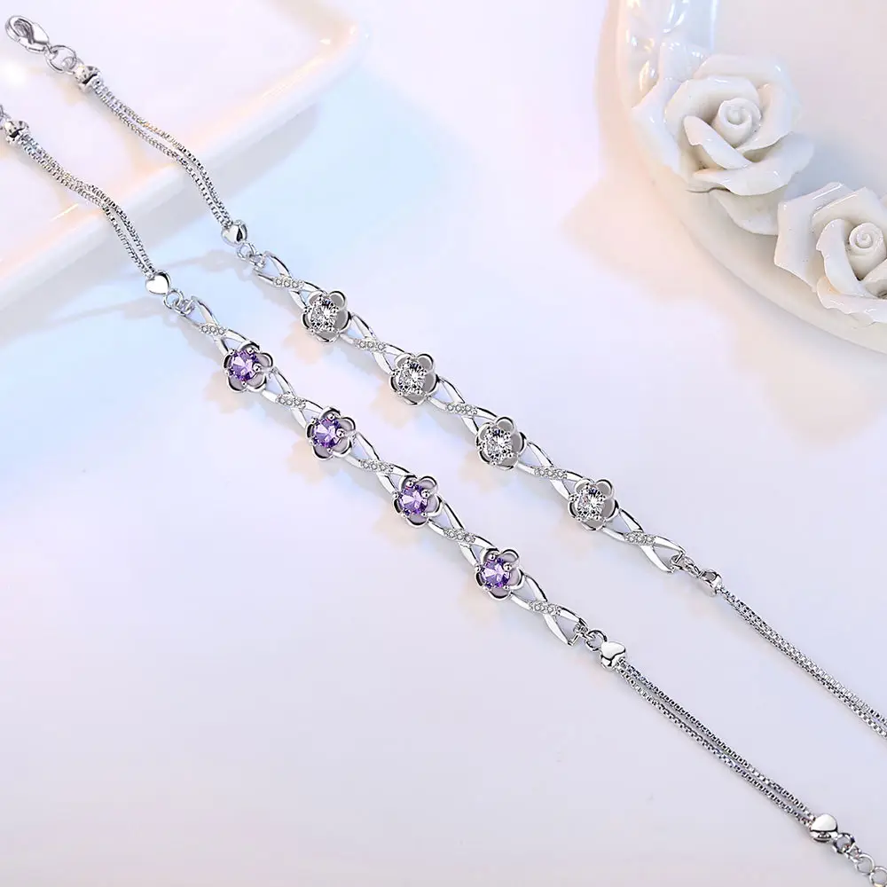 Silver Bracelet with Peach Blossom Stones for Girls