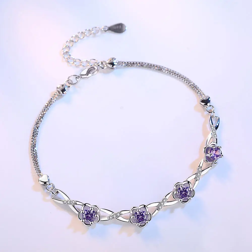 Silver Bracelet with Peach Blossom Stones for Girls