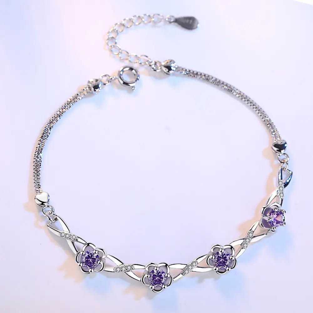 Silver Bracelet with Peach Blossom Stones for Girls