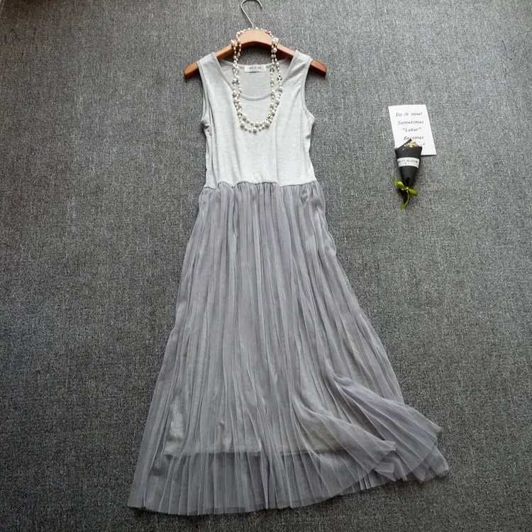 Long Sleeve Pleated Vest Skirt Dress Grey