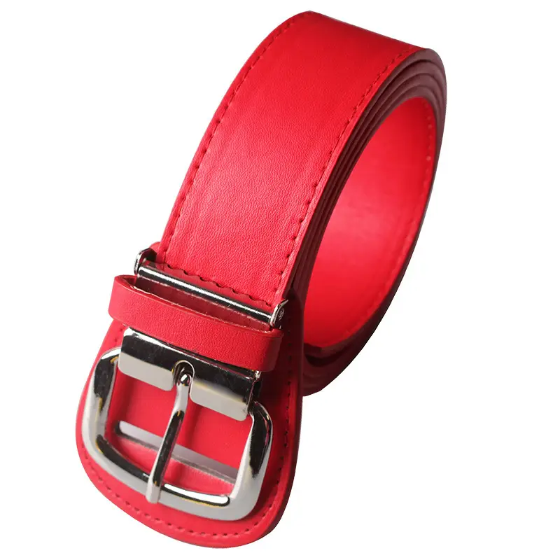 Men's Red Leather Baseball Belt with Silver Buckle - Image 2