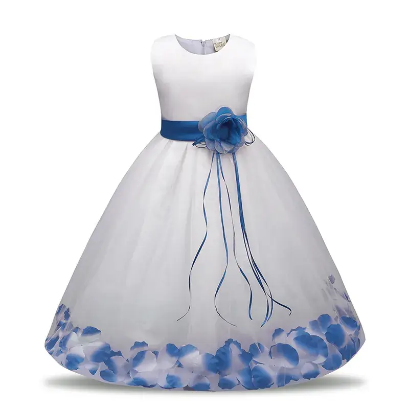 White Floral Gown Dress for Girls with Red Flower Belt