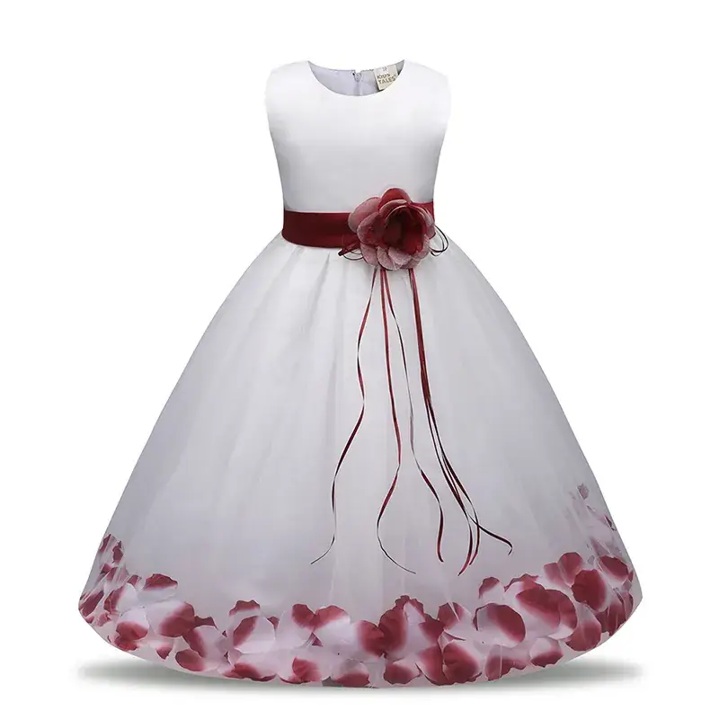 White Floral Gown Dress for Girls with Red Flower Belt