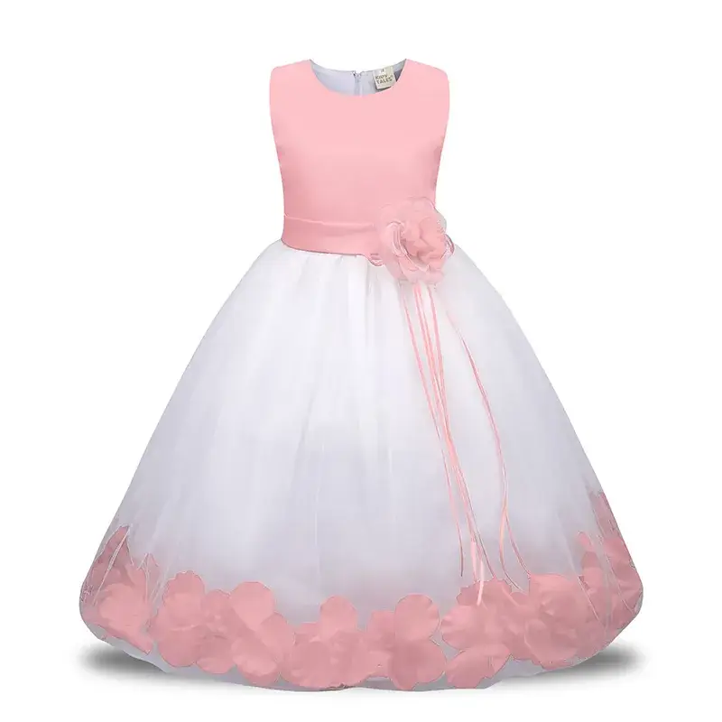 White Floral Gown Dress for Girls with Red Flower Belt