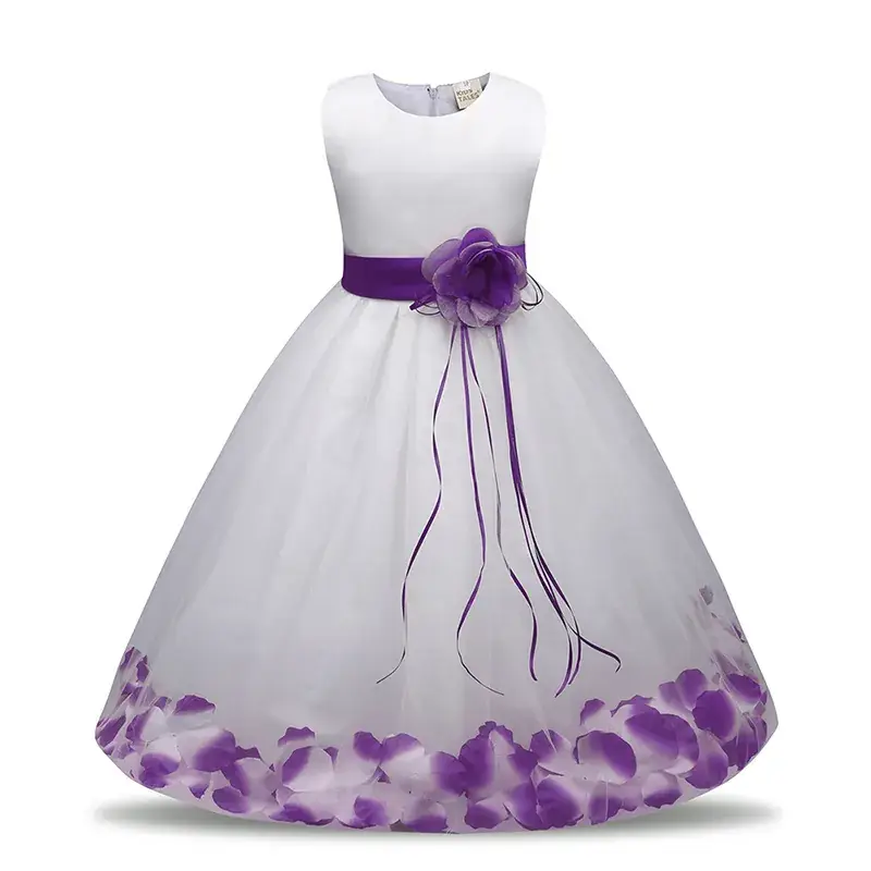 White Floral Gown Dress for Girls with Red Flower Belt