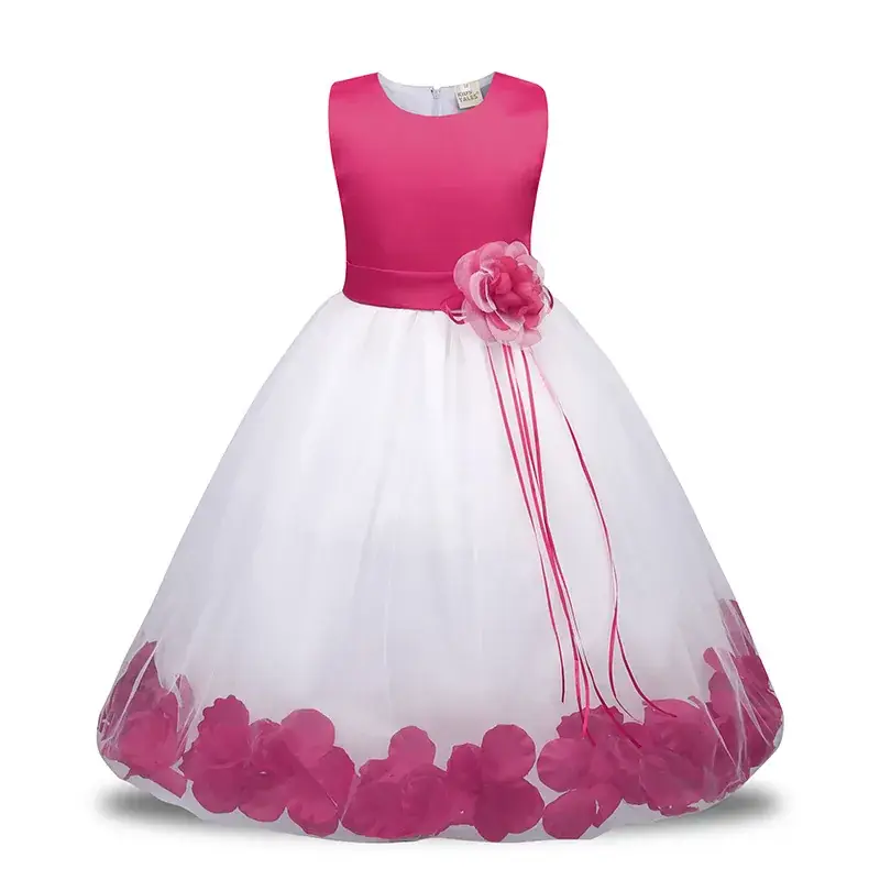 White Floral Gown Dress for Girls with Red Flower Belt