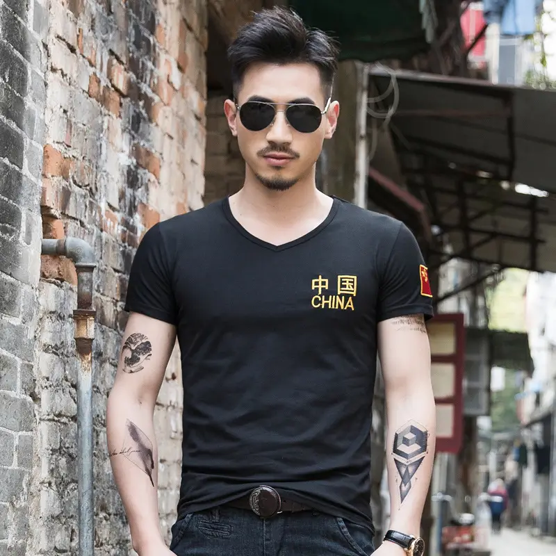 Men China Embroidered Cotton T-Shirt Olive Black - Image 11