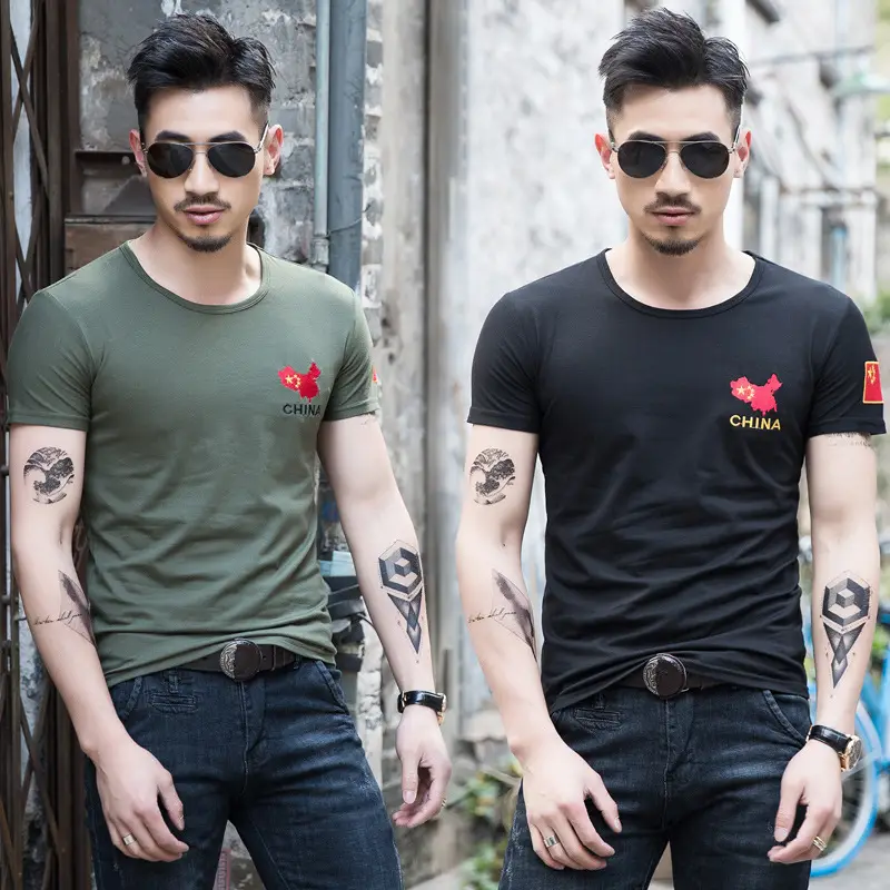 Men China Embroidered Cotton T-Shirt Olive Black - Image 12