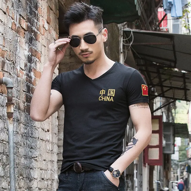 Men China Embroidered Cotton T-Shirt Olive Black - Image 14