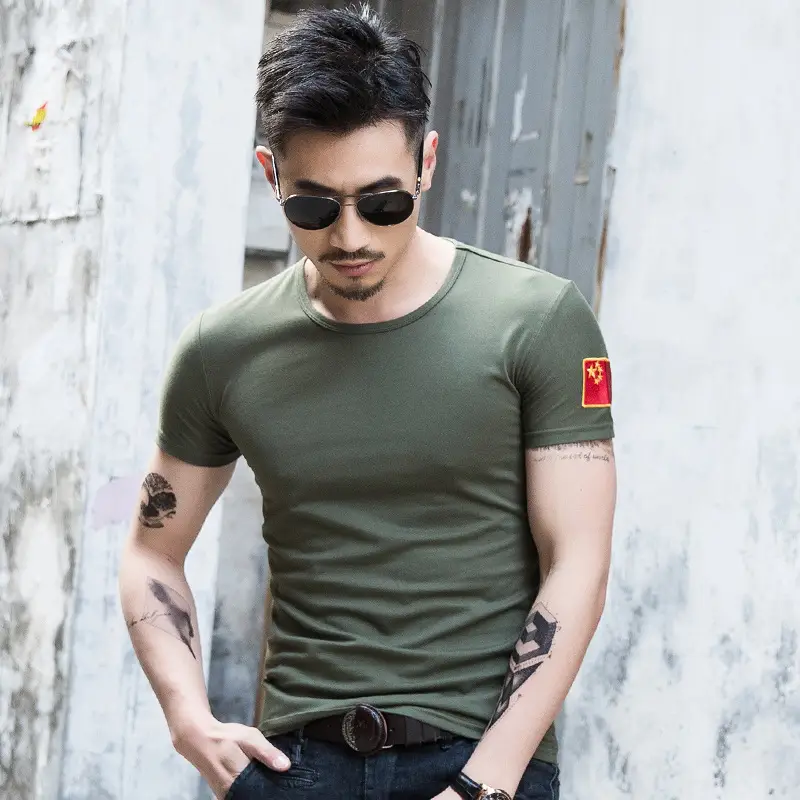 Men China Embroidered Cotton T-Shirt Olive Black - Image 10