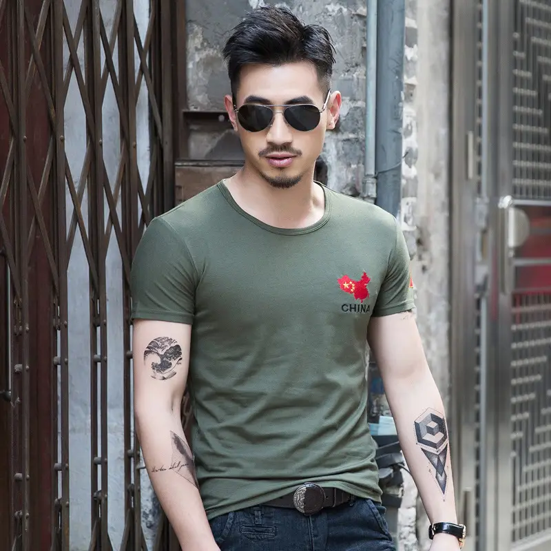 Men China Embroidered Cotton T-Shirt Olive Black - Image 2