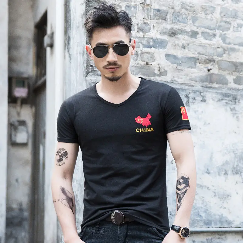 Men China Embroidered Cotton T-Shirt Olive Black - Image 3
