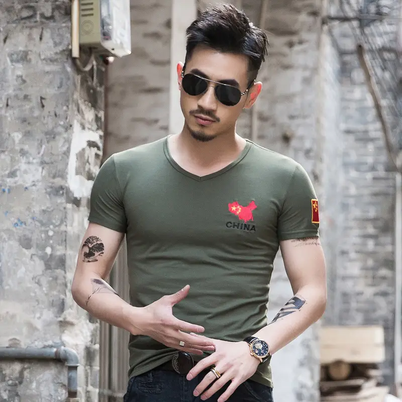 Men China Embroidered Cotton T-Shirt Olive Black - Image 4