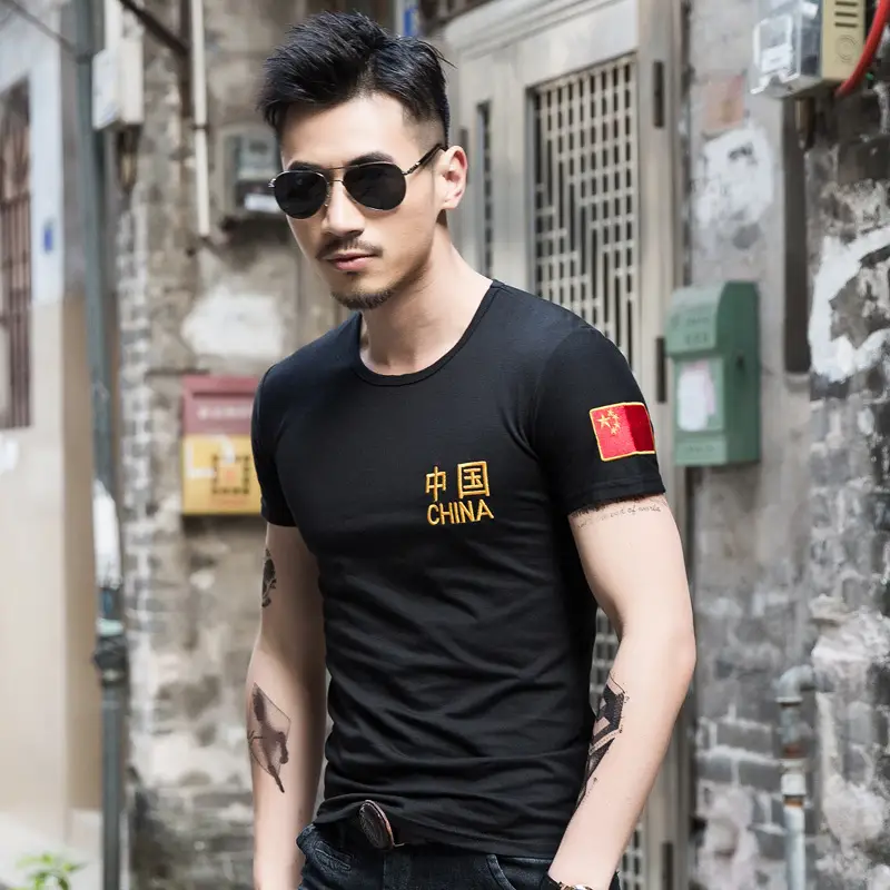 Men China Embroidered Cotton T-Shirt Olive Black - Image 5
