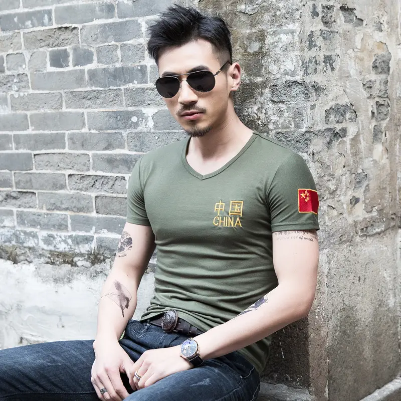 Men China Embroidered Cotton T-Shirt Olive Black - Image 8