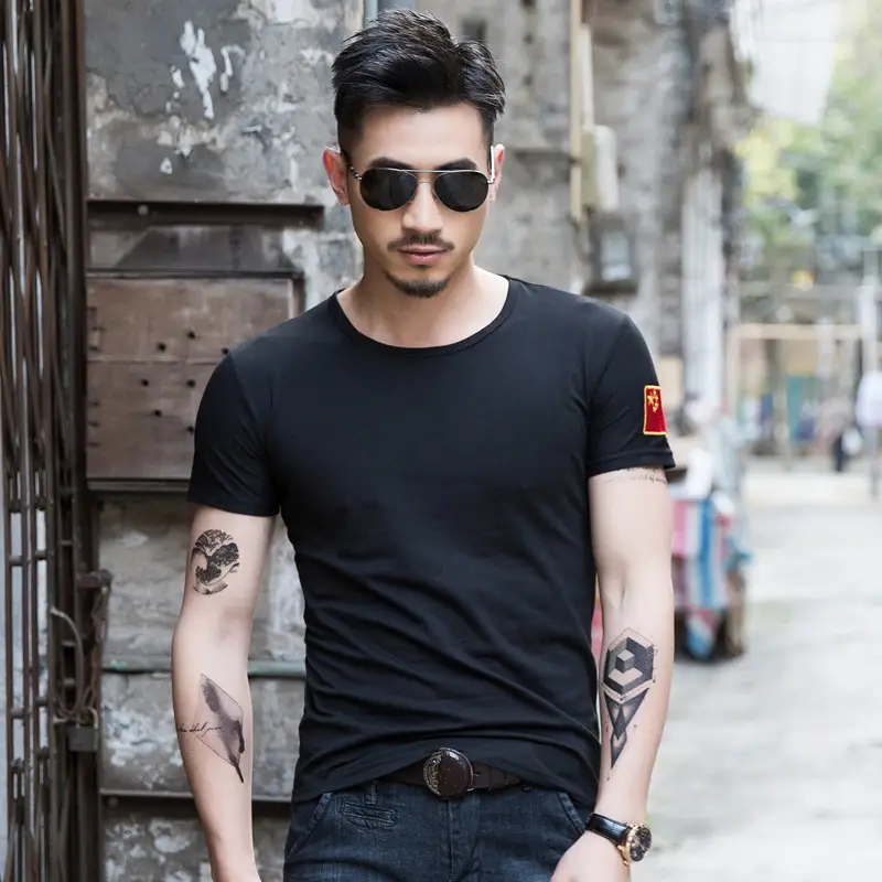 Men China Embroidered Cotton T-Shirt Olive Black - Image 9
