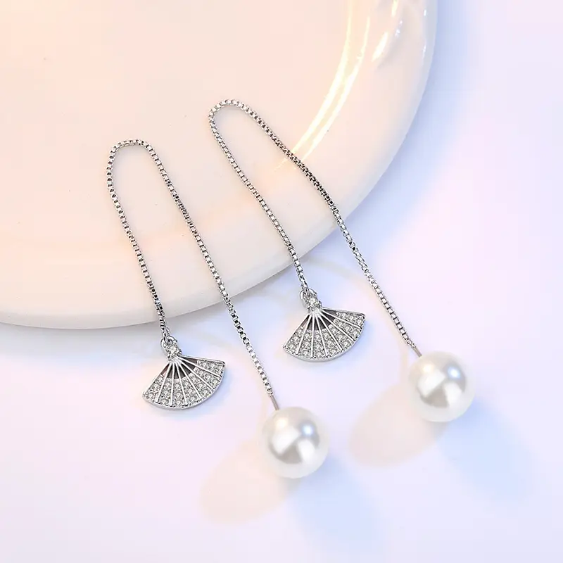 Korean Fan Earrings Pearl Earrings Silver Dangle - Image 2