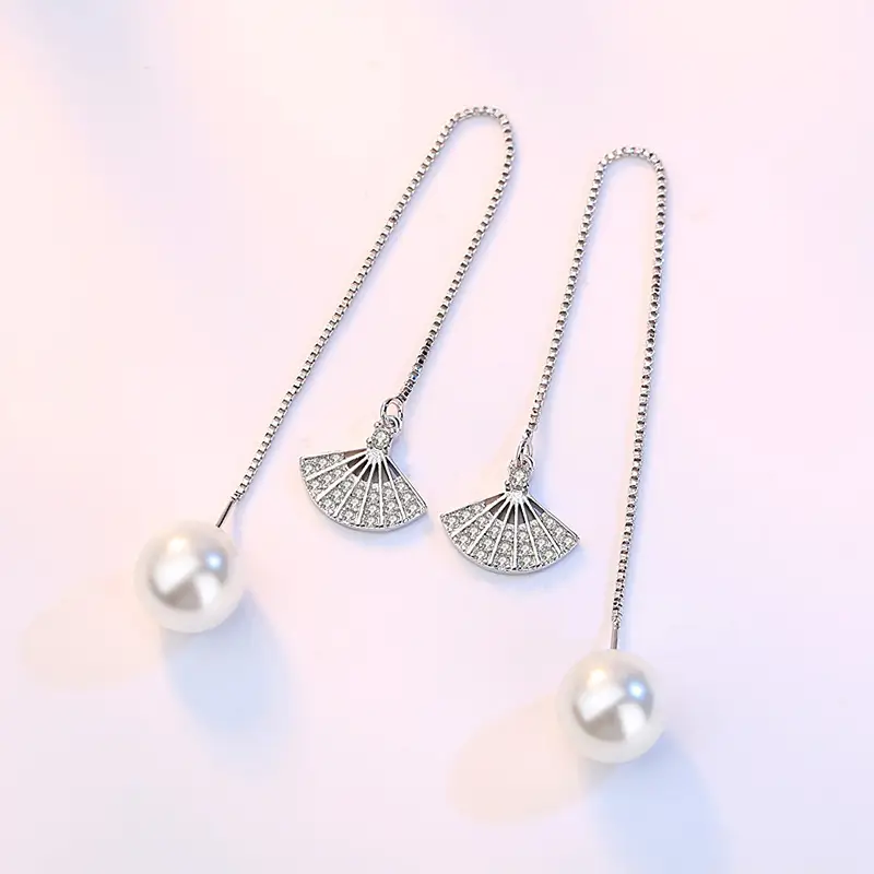 Korean Fan Earrings Pearl Earrings Silver Dangle - Image 3