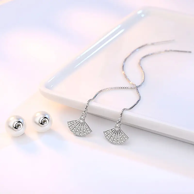 Korean Fan Earrings Pearl Earrings Silver Dangle - Image 4
