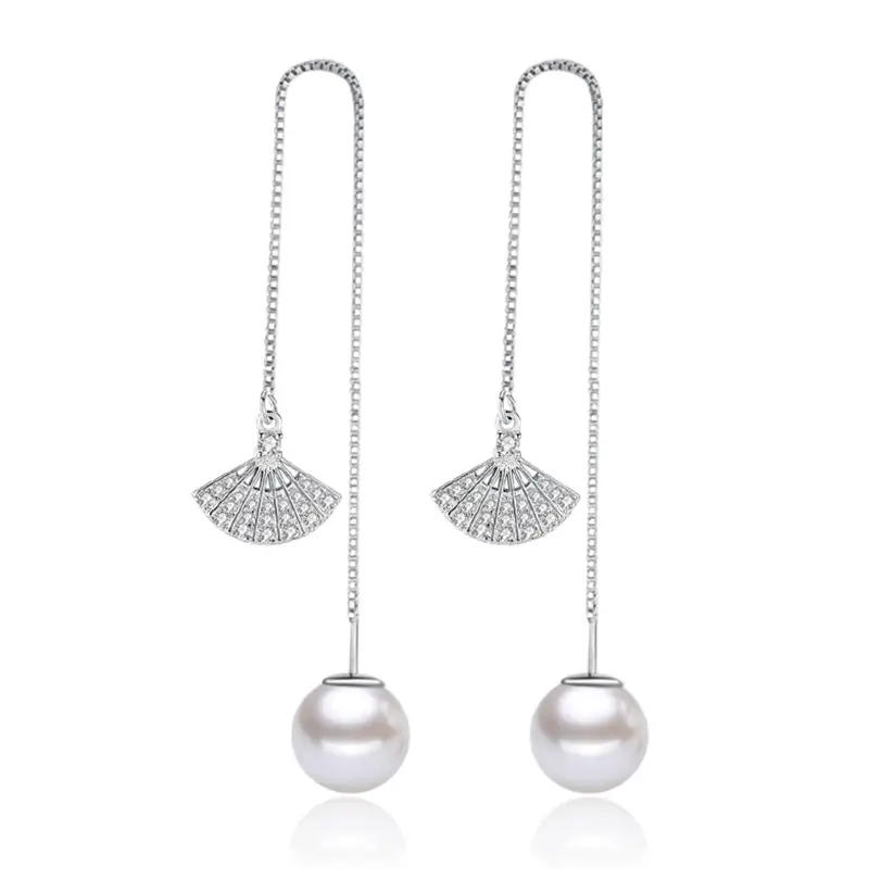 Korean Fan Earrings Pearl Earrings Silver Dangle - Image 5
