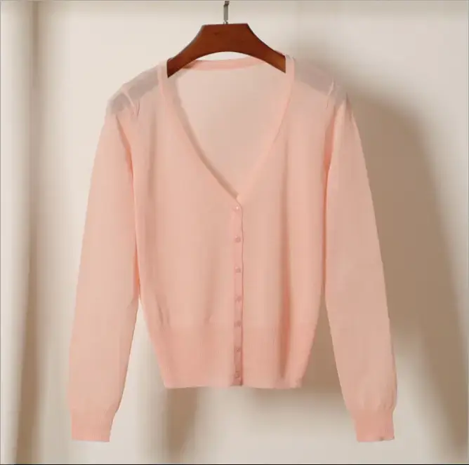 2020 Summer Women's Peach Glitter Silk Knitted Cardigan - Image 5