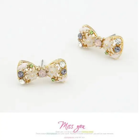 Korean Style Full Diamond Bow Earrings Vintage Exquisite Mini Daisy Flower Earrings