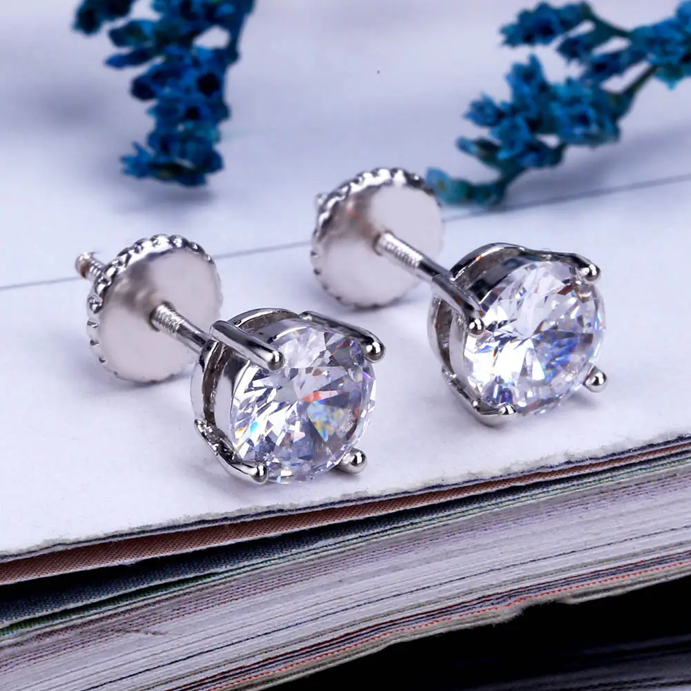 Micro Zircon Straight Round Earrings Gold Plated 6mm