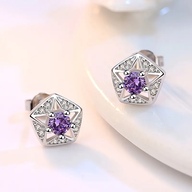 Retro Five-Point Star Earrings Zircon Purple - Image 3