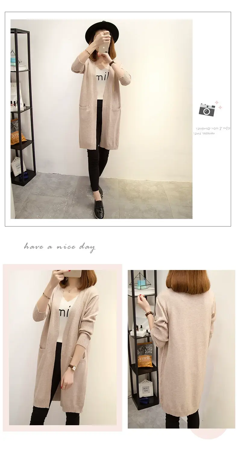 2024 Women's Knit Cardigan Sweater Jacket Beige Loose Pocket — feature 10