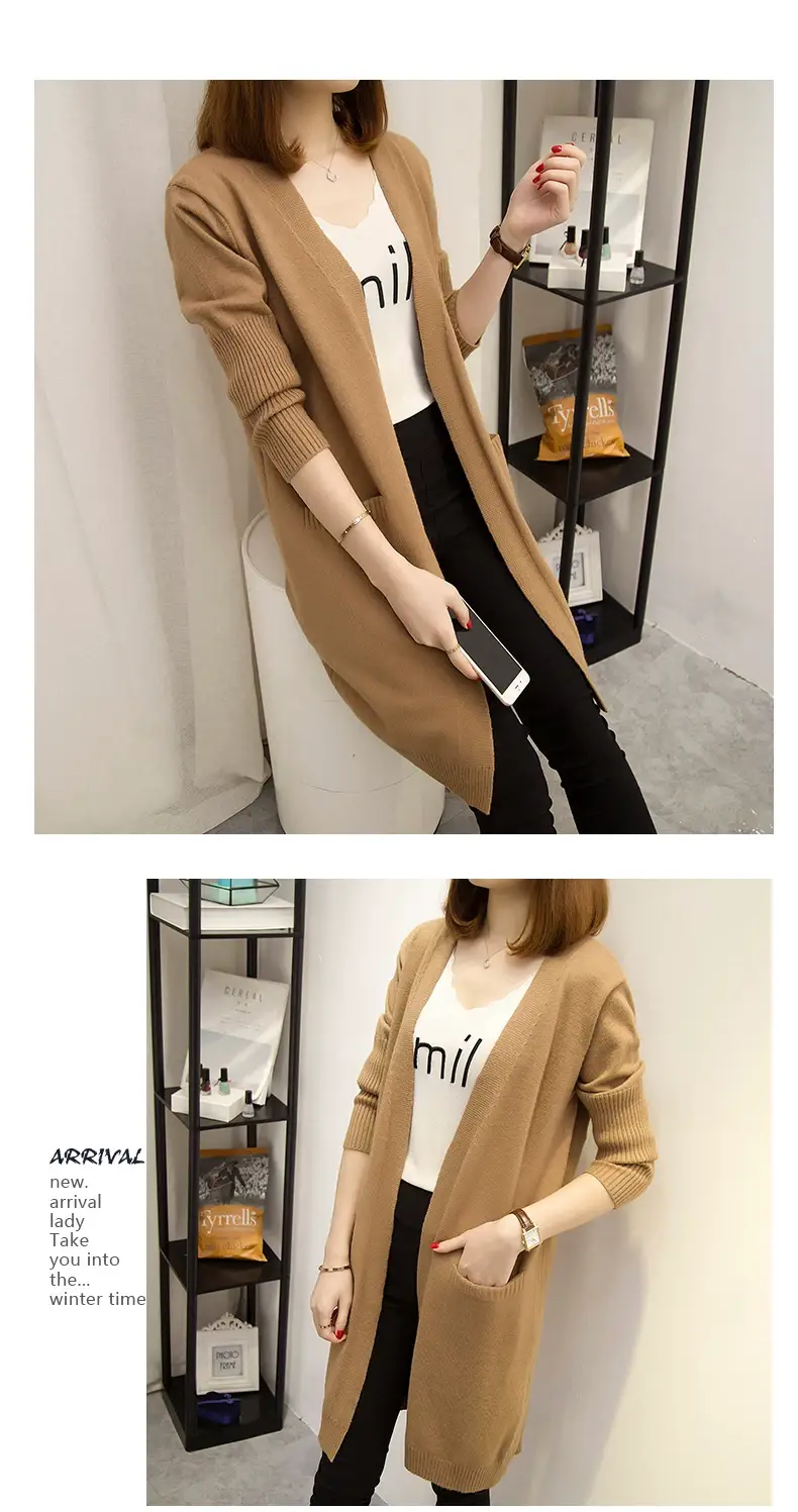2024 Women's Knit Cardigan Sweater Jacket Beige Loose Pocket — feature 11