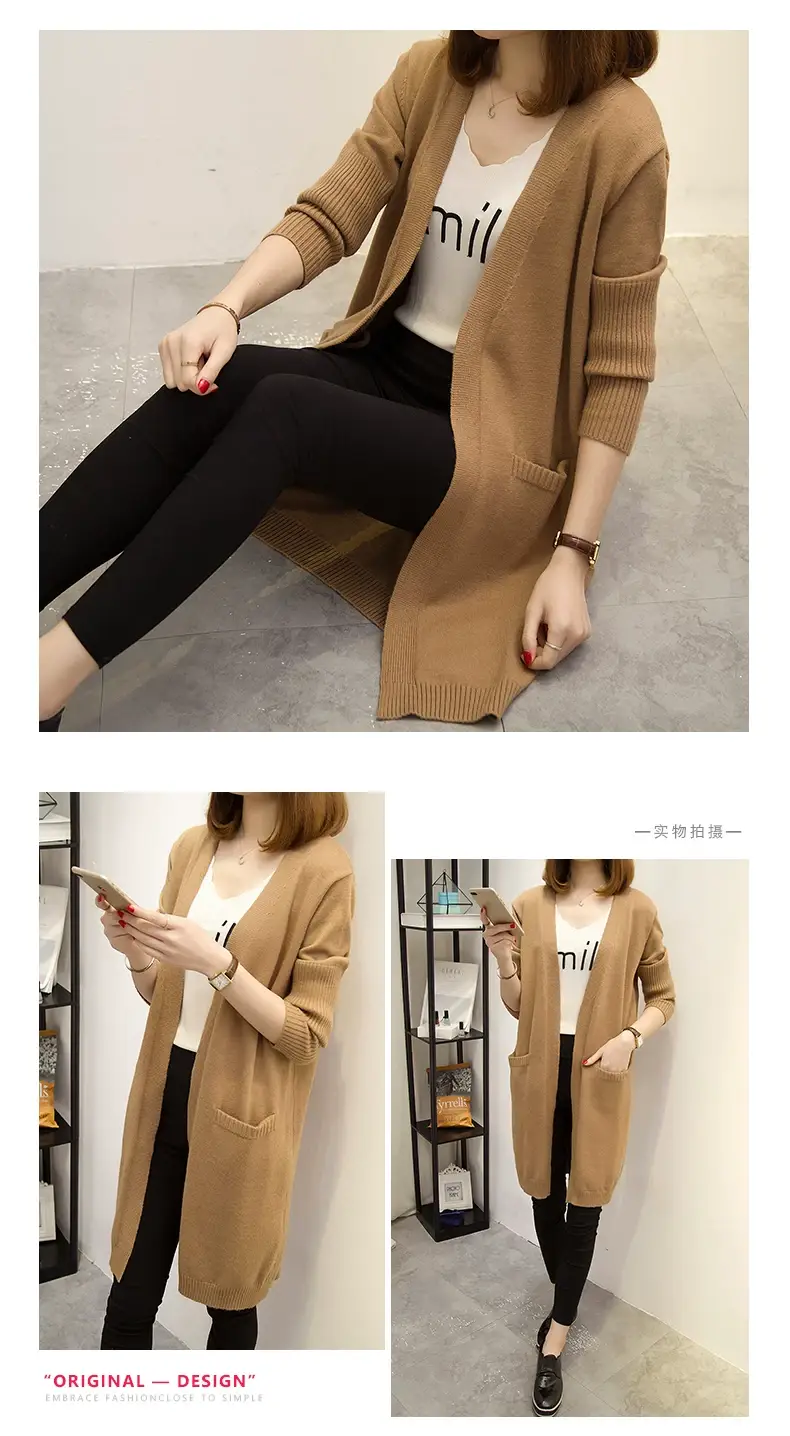 2024 Women's Knit Cardigan Sweater Jacket Beige Loose Pocket — feature 12