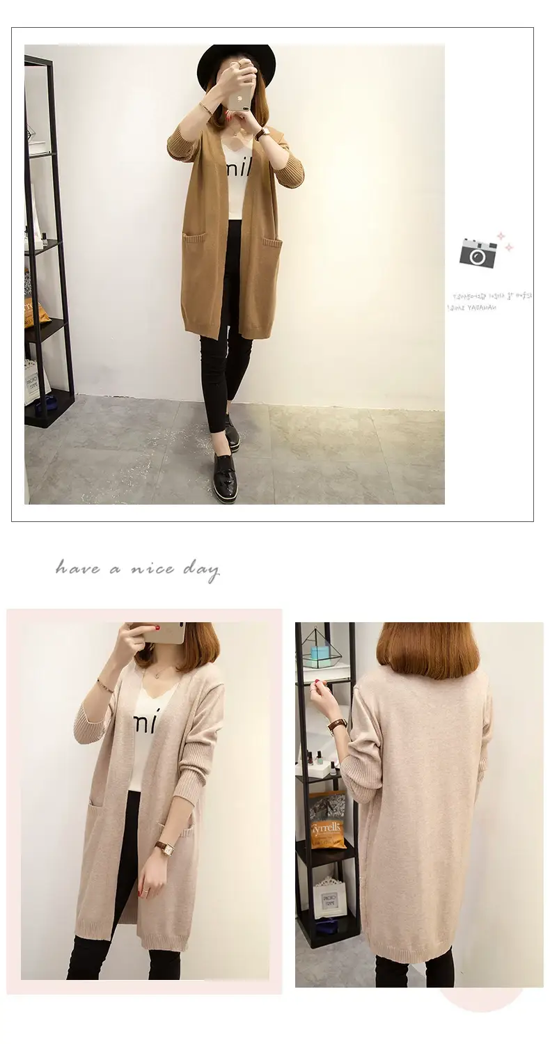 2024 Women's Knit Cardigan Sweater Jacket Beige Loose Pocket — feature 13