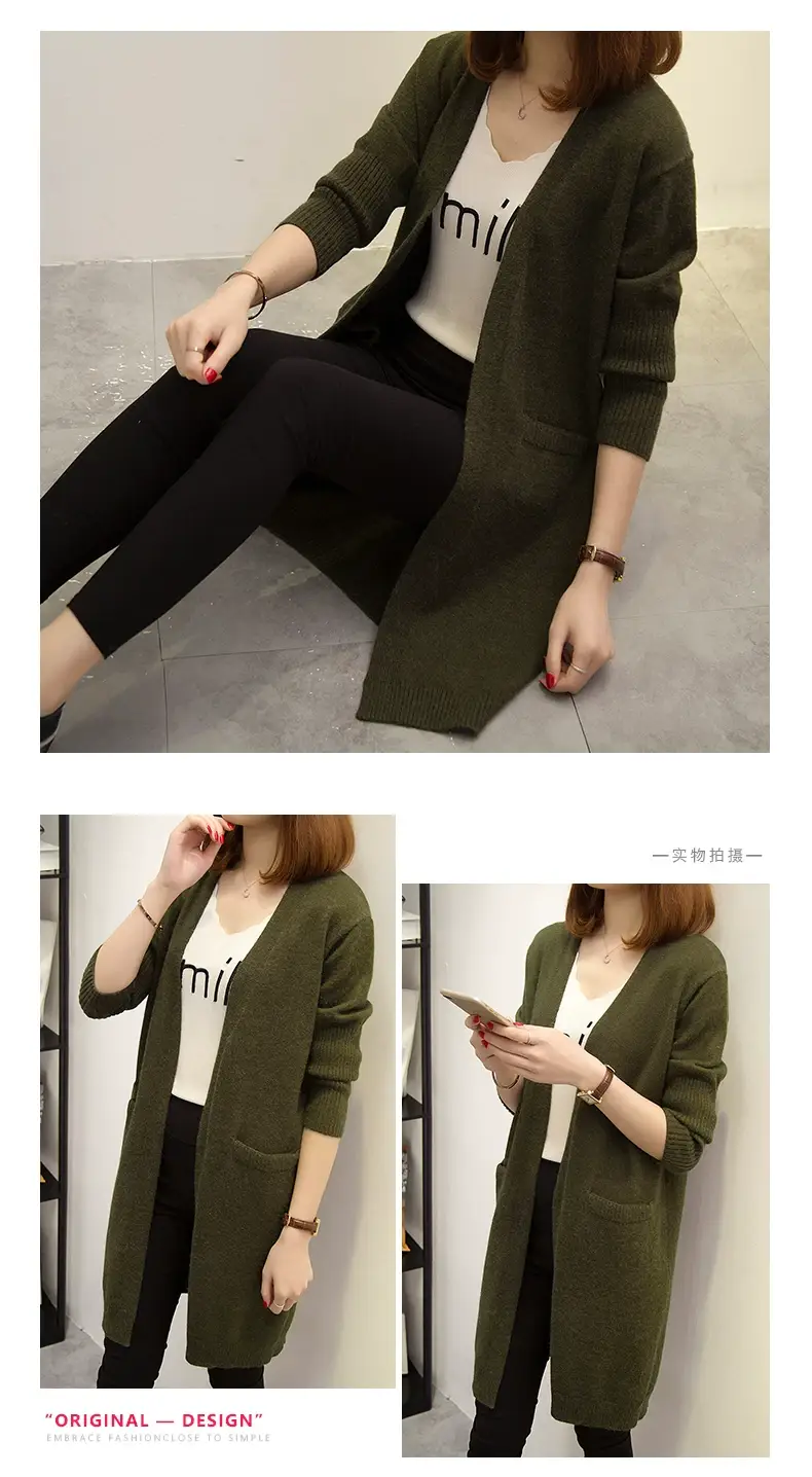 2024 Women's Knit Cardigan Sweater Jacket Beige Loose Pocket — feature 15