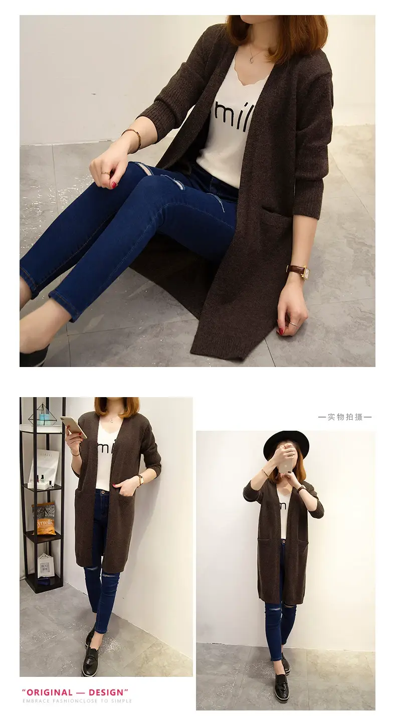 2024 Women's Knit Cardigan Sweater Jacket Beige Loose Pocket — feature 18