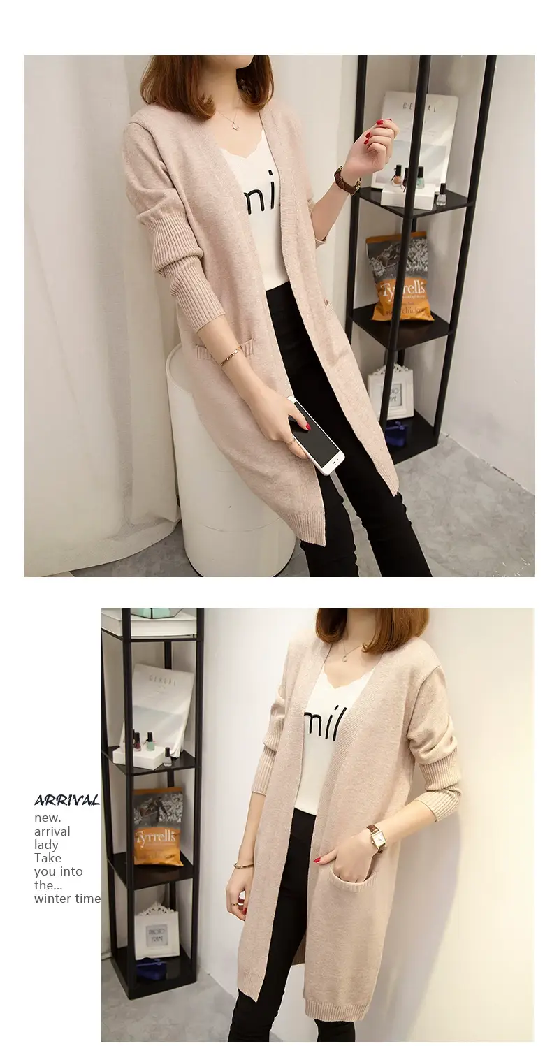 2024 Women's Knit Cardigan Sweater Jacket Beige Loose Pocket — feature 8