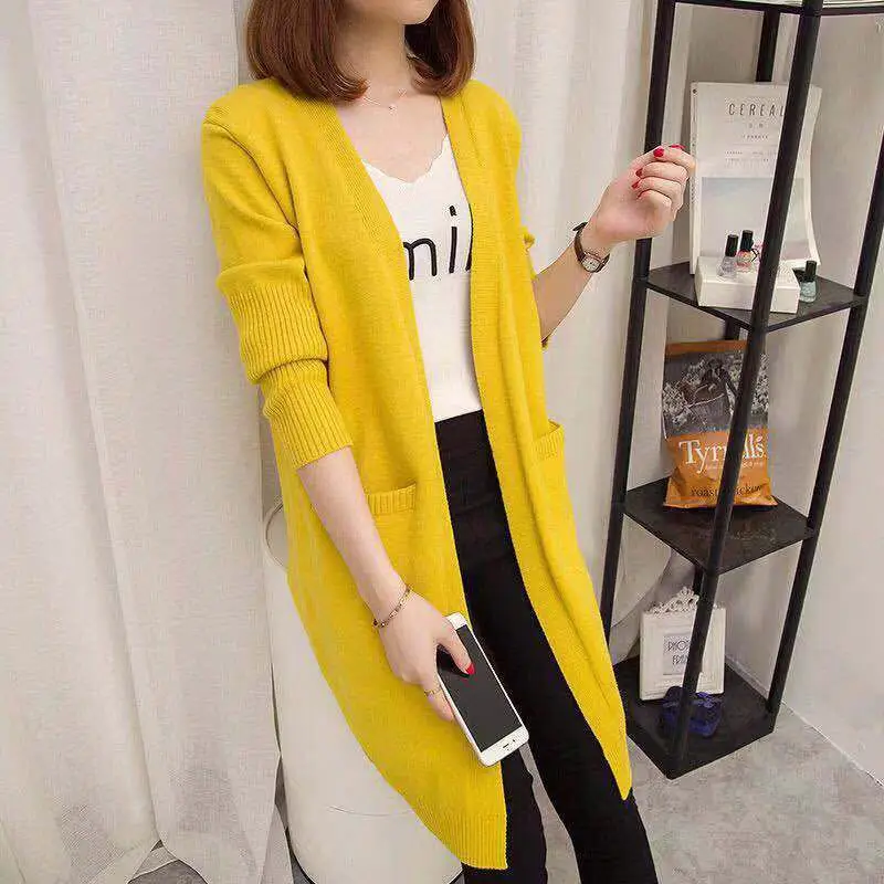 2024 Women's Knit Cardigan Sweater Jacket Beige Loose Pocket - Image 2