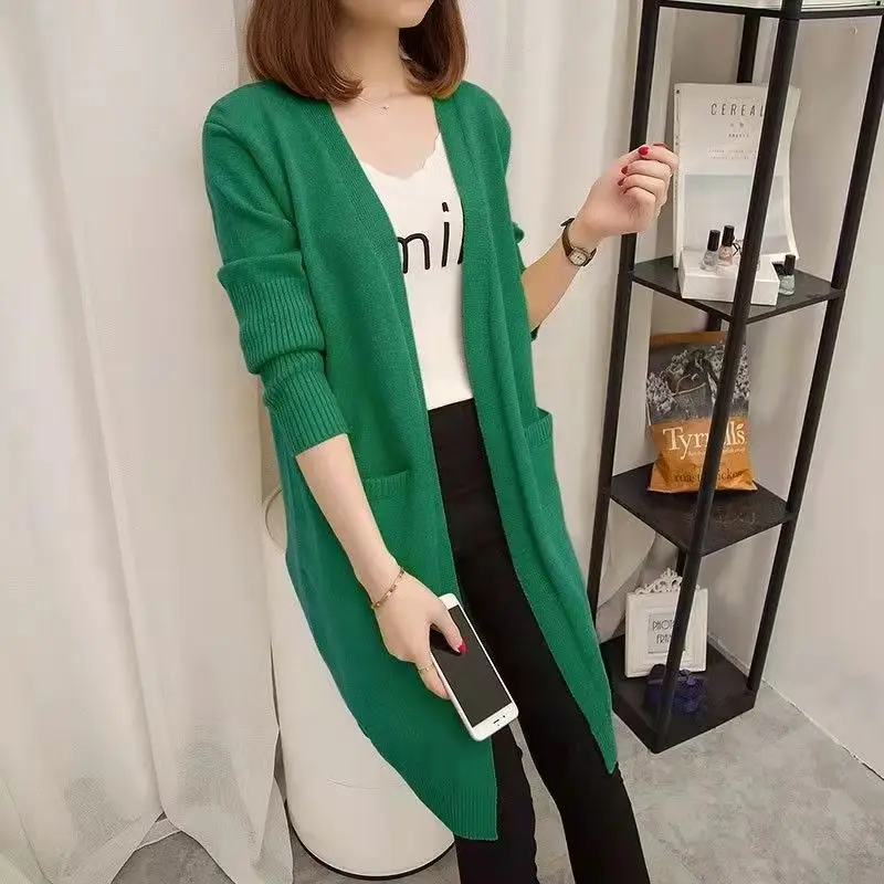 2024 Women's Knit Cardigan Sweater Jacket Beige Loose Pocket - Image 4