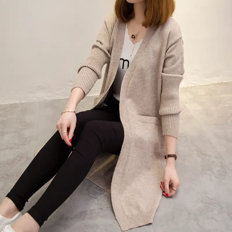 2024 Women's Knit Cardigan Sweater Jacket Beige Loose Pocket - Image 6