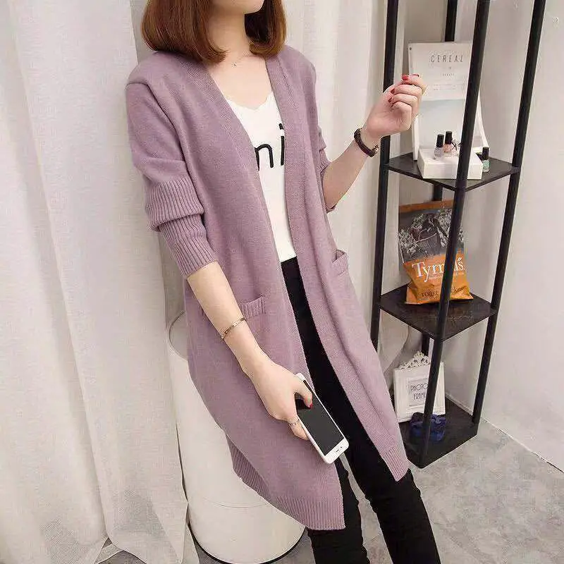2024 Women's Knit Cardigan Sweater Jacket Beige Loose Pocket - Image 9