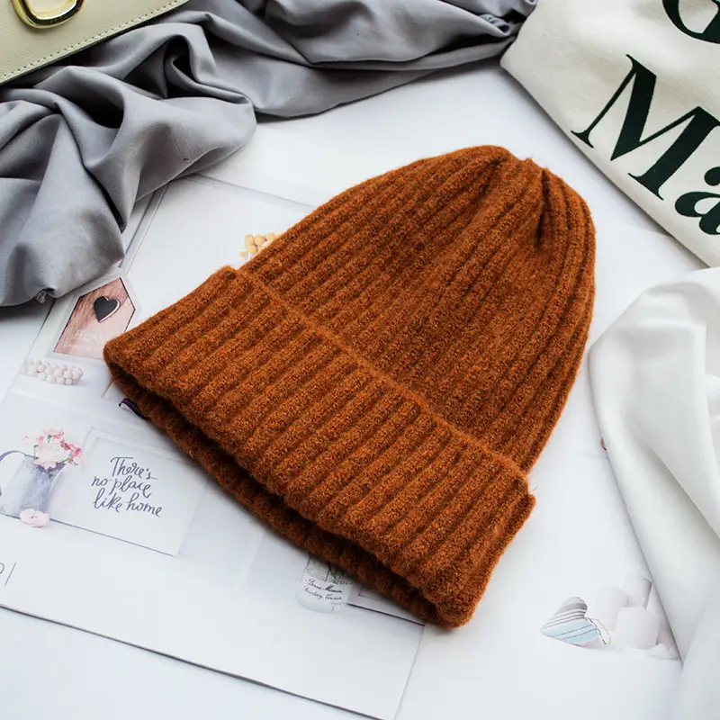 Women Wool Knitted Beanie Brown Winter Hat