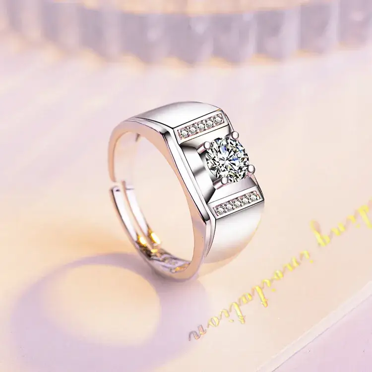 Men's White Copper Diamond Ring with Group Design