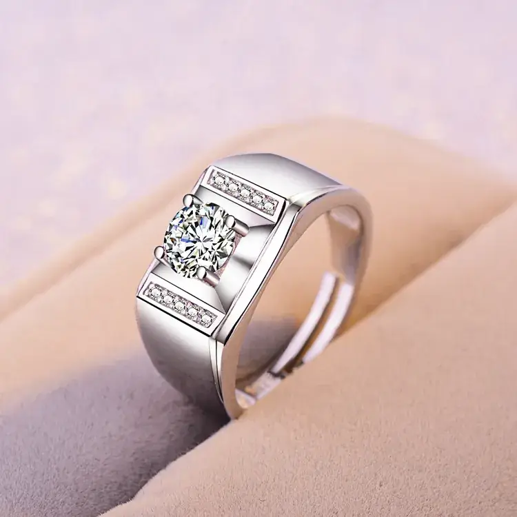 Men's White Copper Diamond Ring with Group Design