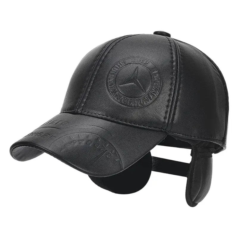 New Men's Winter Leather Baseball Cap Black