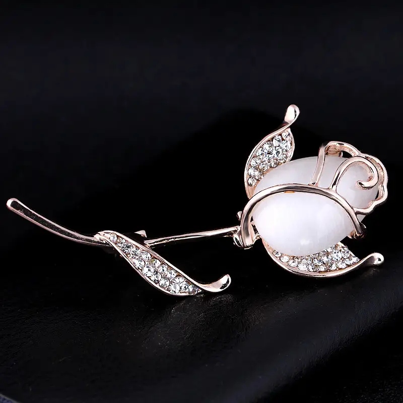 Korean Fashion Cat's Eye Rhinestone Rose Brooch Pin - Image 4